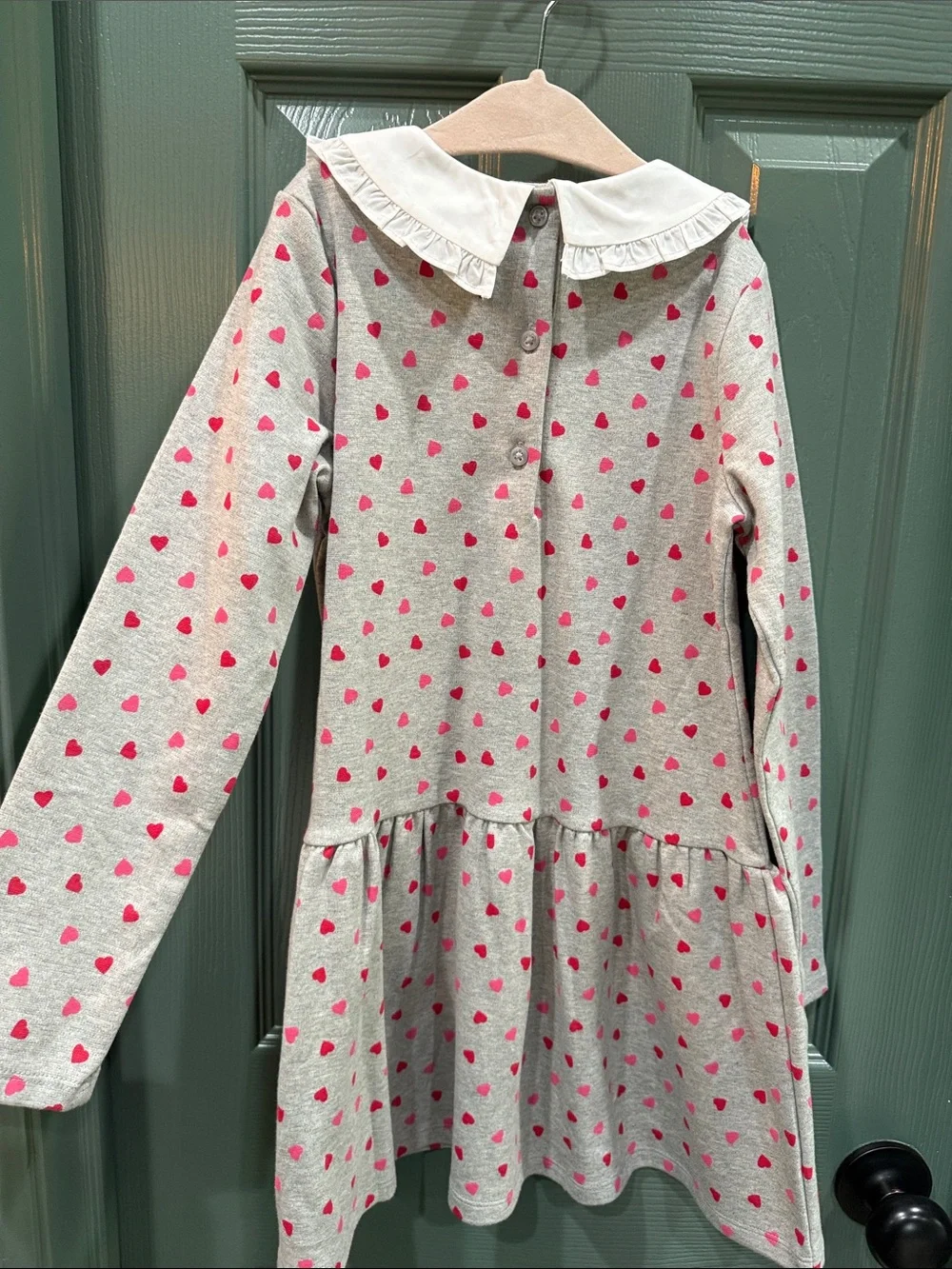 Janie and Jack Grey Dress with Pink Heart Print and White Ruffle Collar